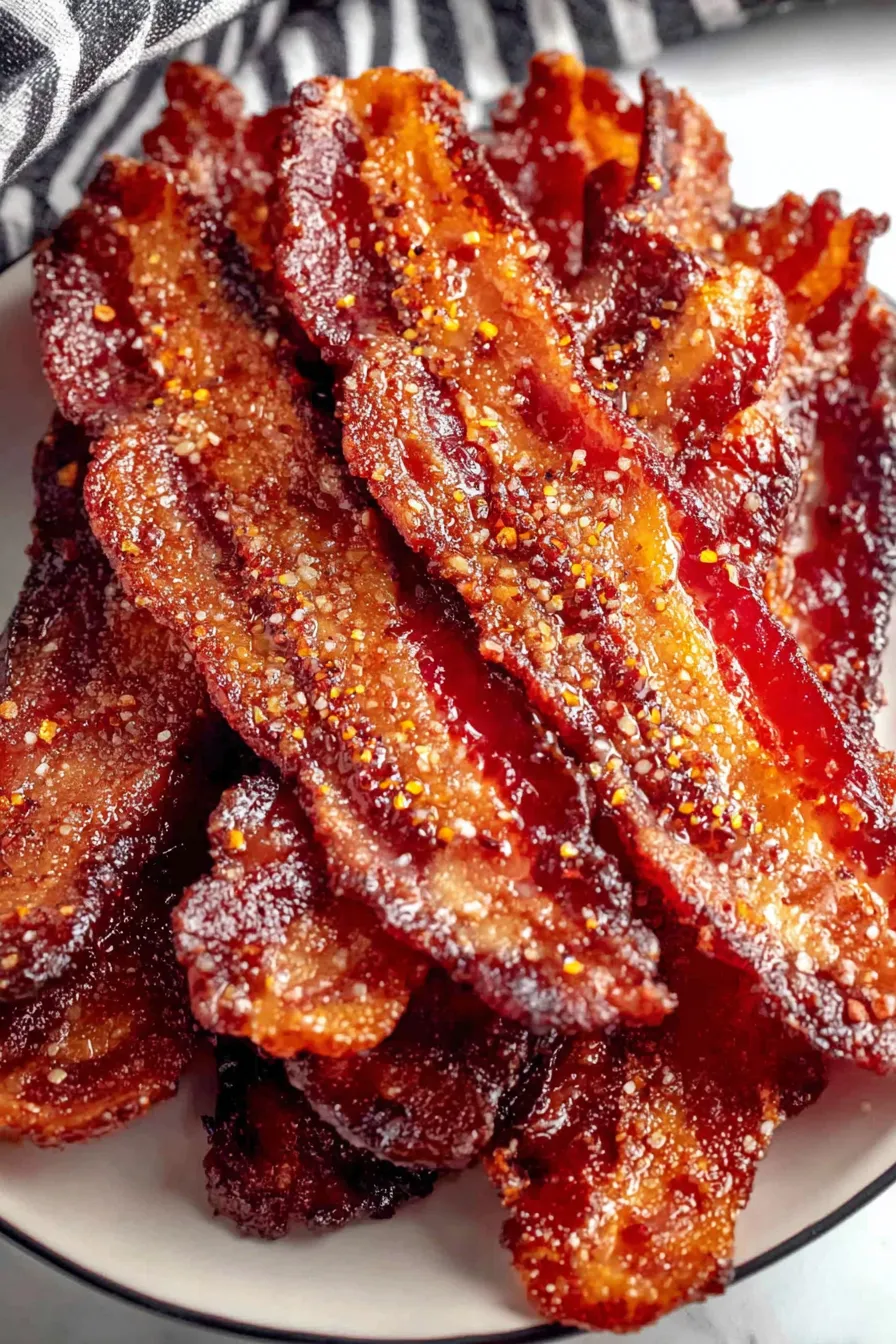 Candied bacon arranged on serving board