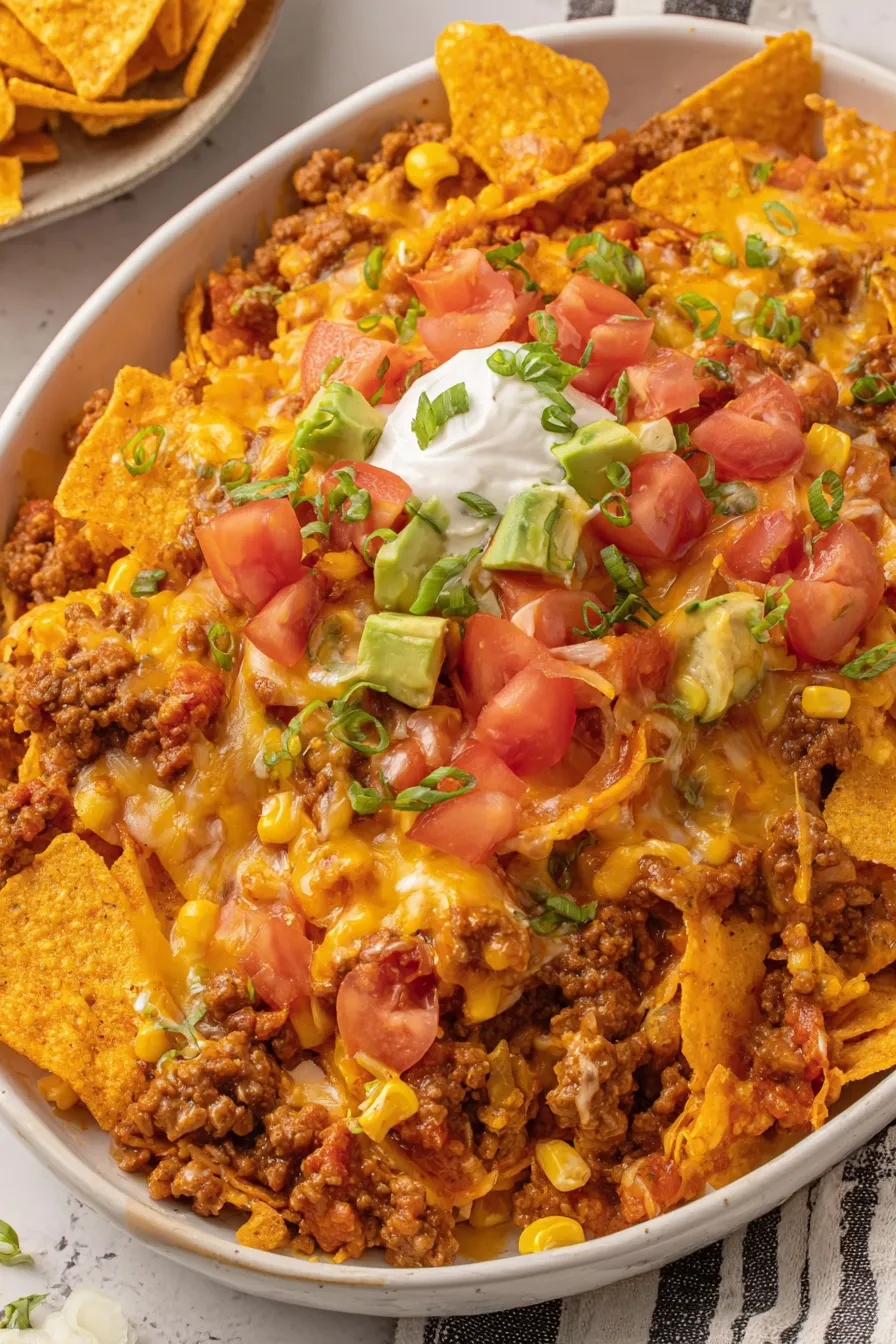 Finished Doritos Taco Casserole plated