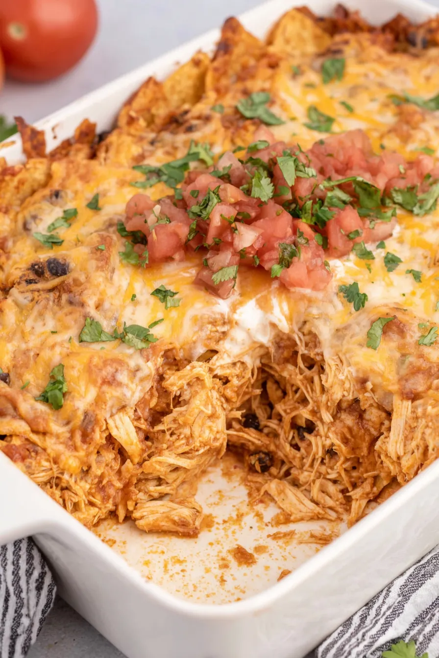 Served portion of chicken taco casserole with cilantro garnish