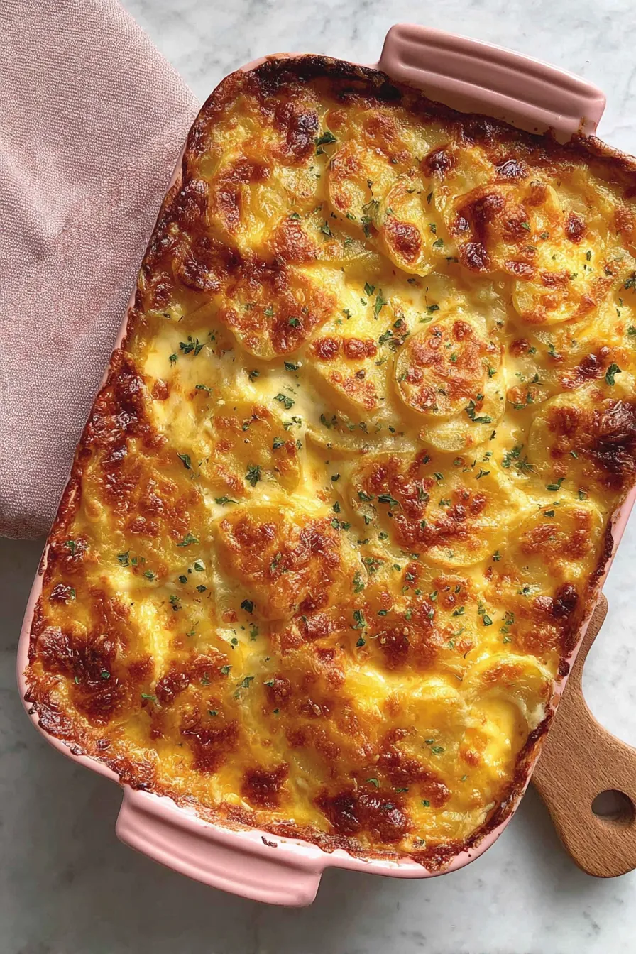 Creamy potato bake fresh from the oven with bubbling cheese