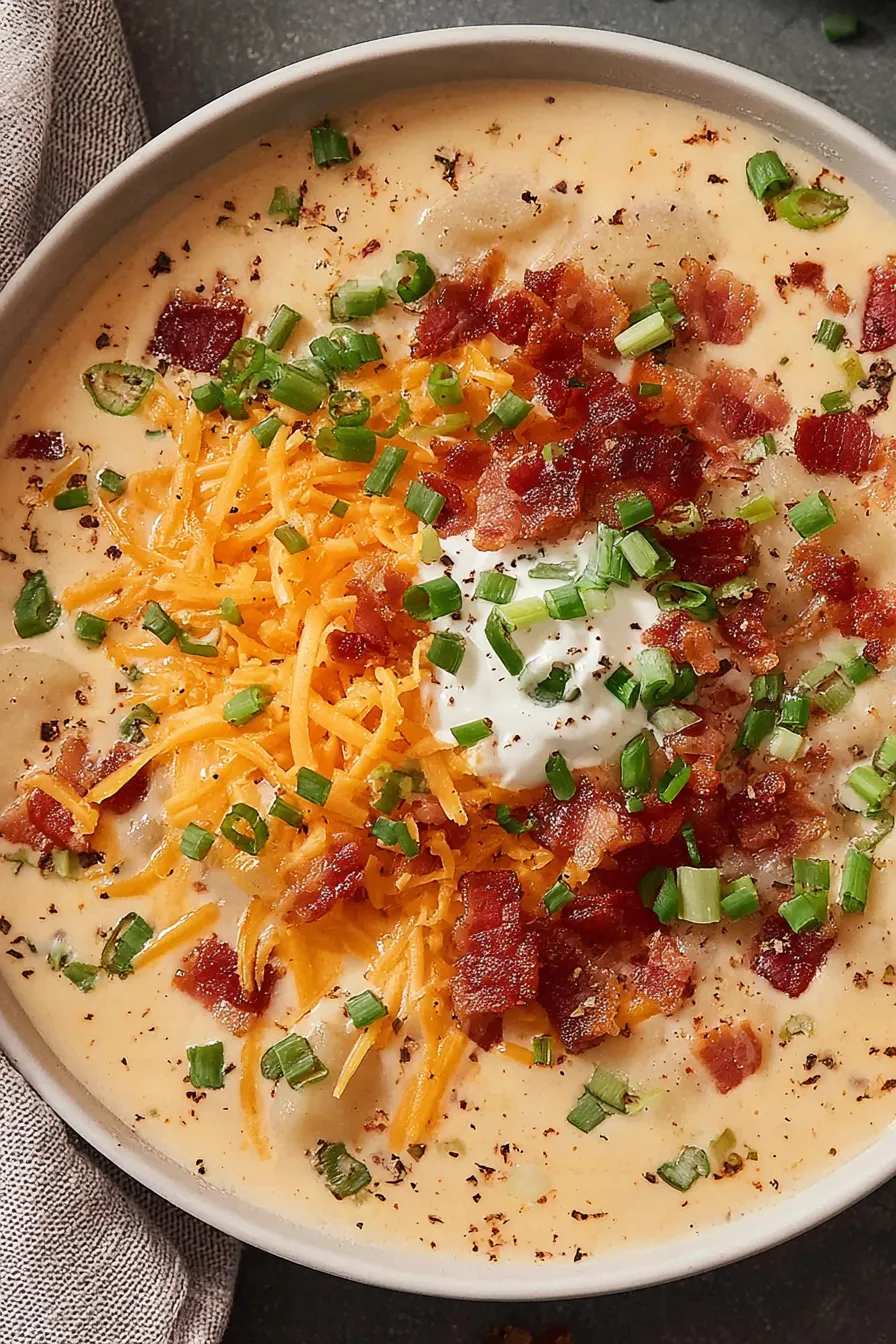 Creamy crockpot potato soup in a white bowl with green onions