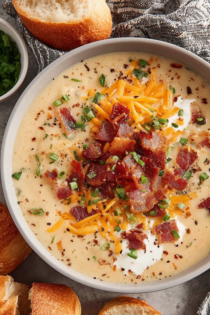 Slow cooker with potato soup and toppings on a wooden table