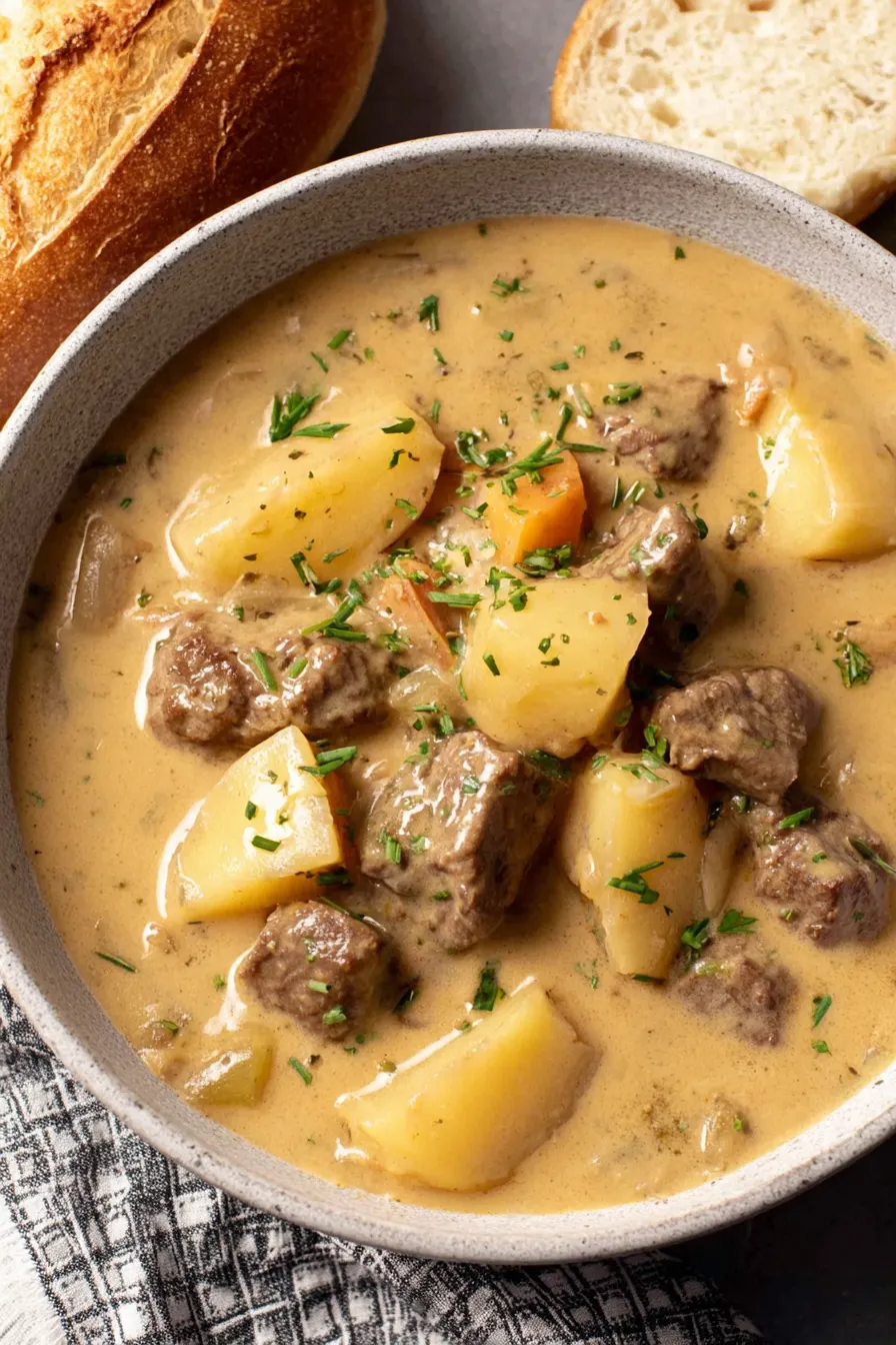Bowl of creamy steak and potato soup with crusty bread