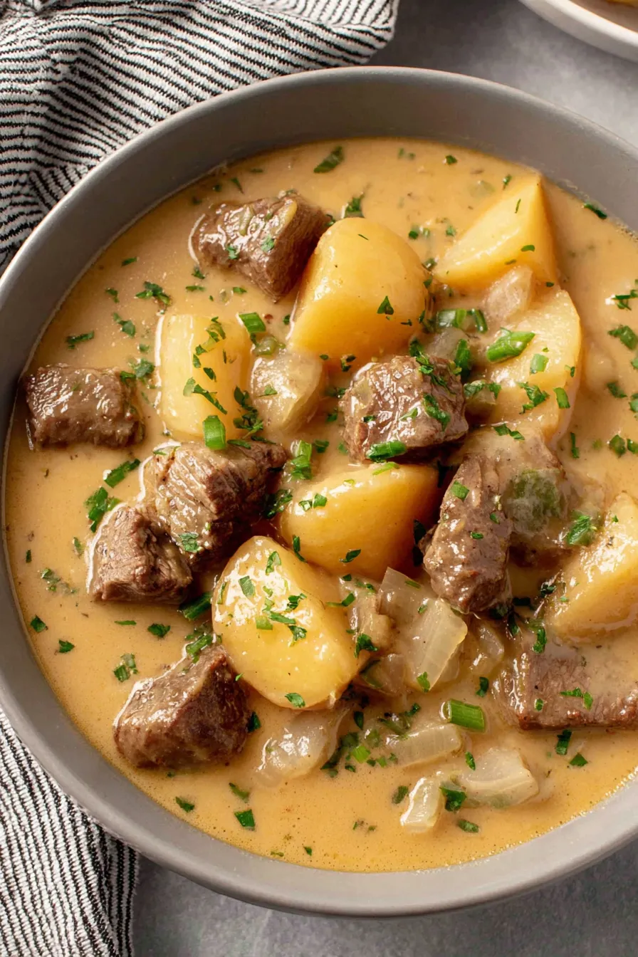 Close-up of chunks of seared beef and potatoes in a pot