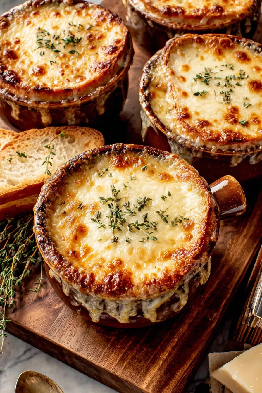Bowl of French onion soup with melted cheese