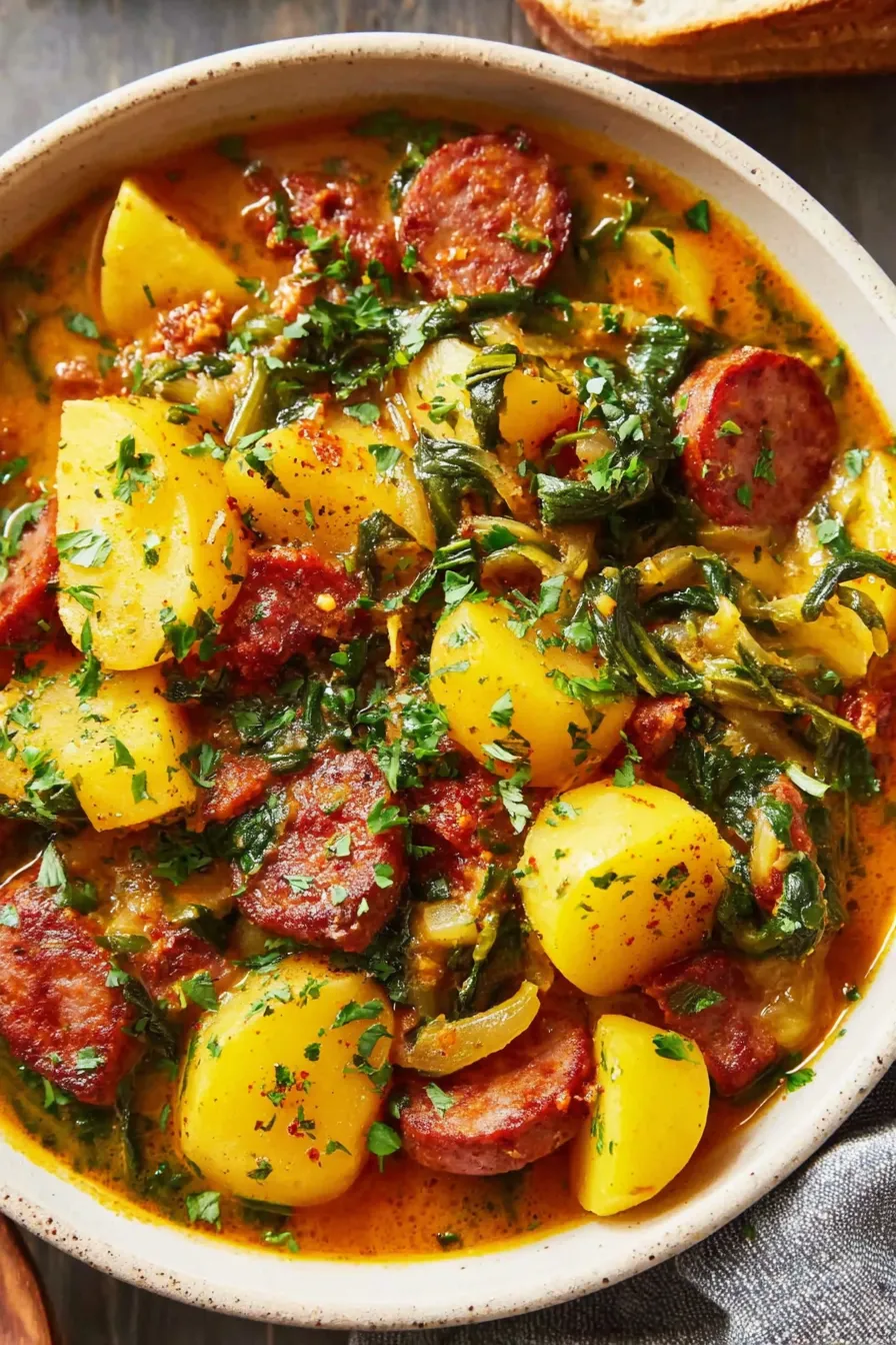Bowl of spicy chorizo and potato soup with parsley