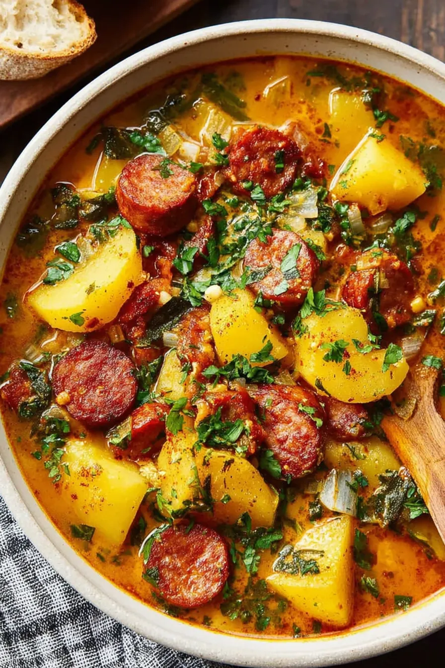 Potatoes and chorizo in a soup pot