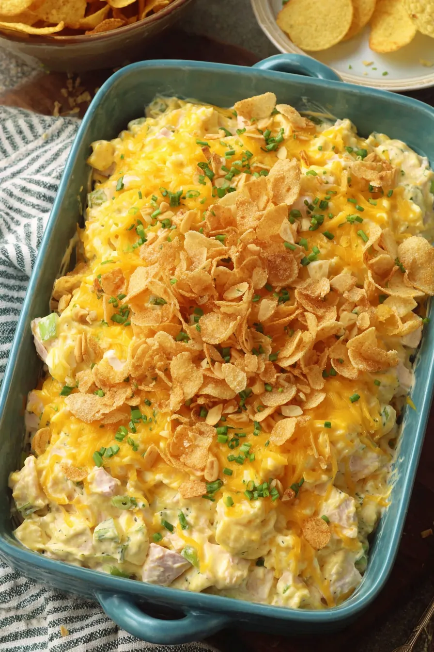 Creamy chicken salad casserole fresh from the oven