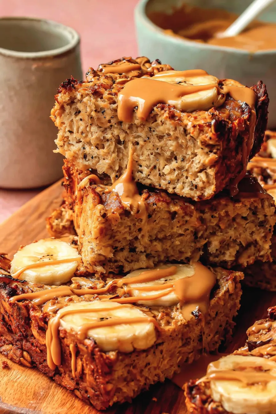 Close-up of peanut butter banana baked oatmeal squares