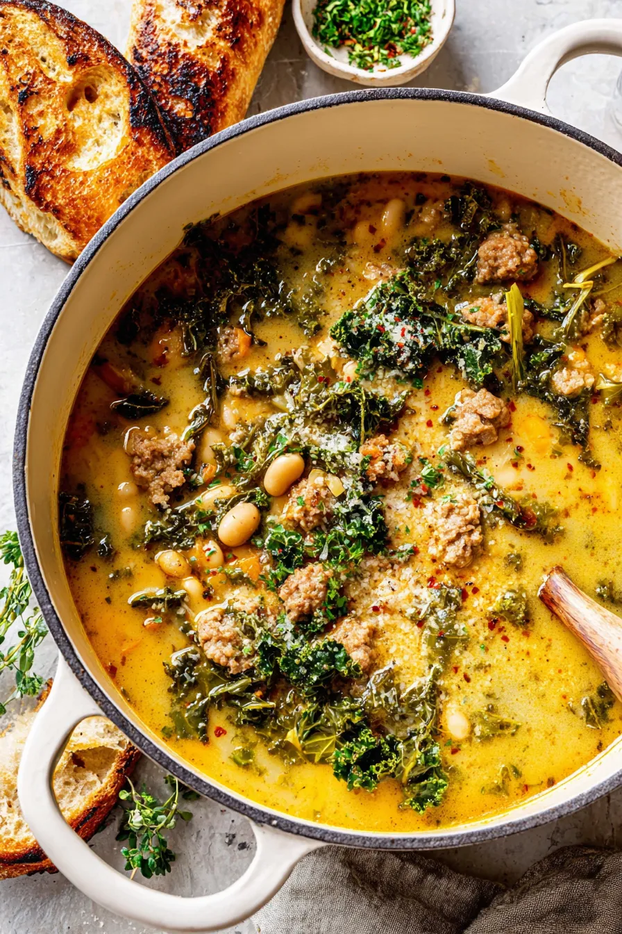 Bowl of sausage kale white bean soup with Parmesan