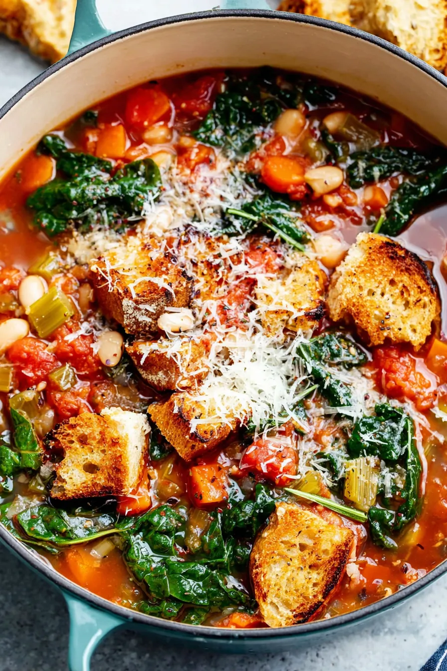 A steaming bowl of ribollita with crusty bread and basil