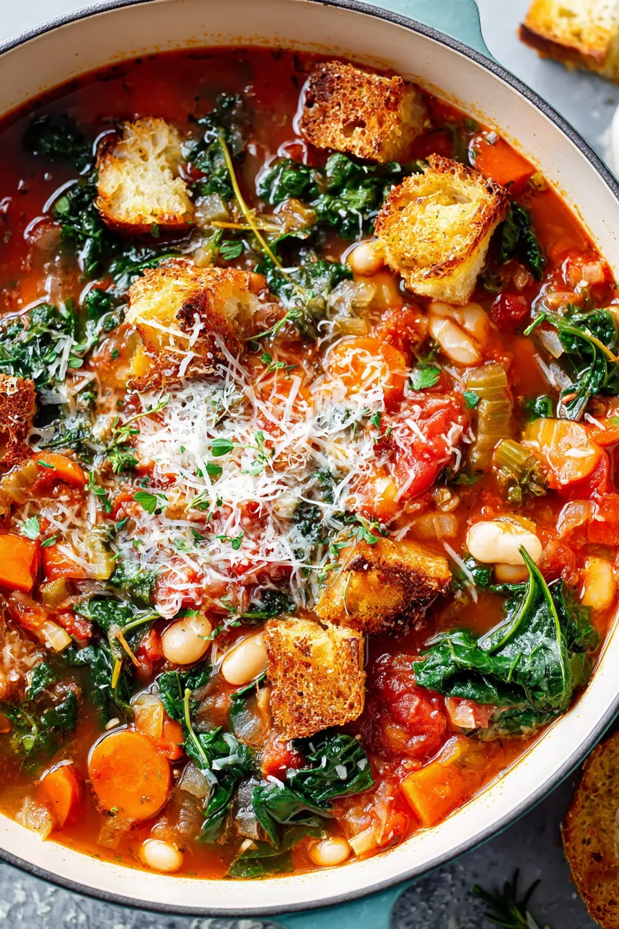 Chunks of day-old Italian bread soaking in ribollita
