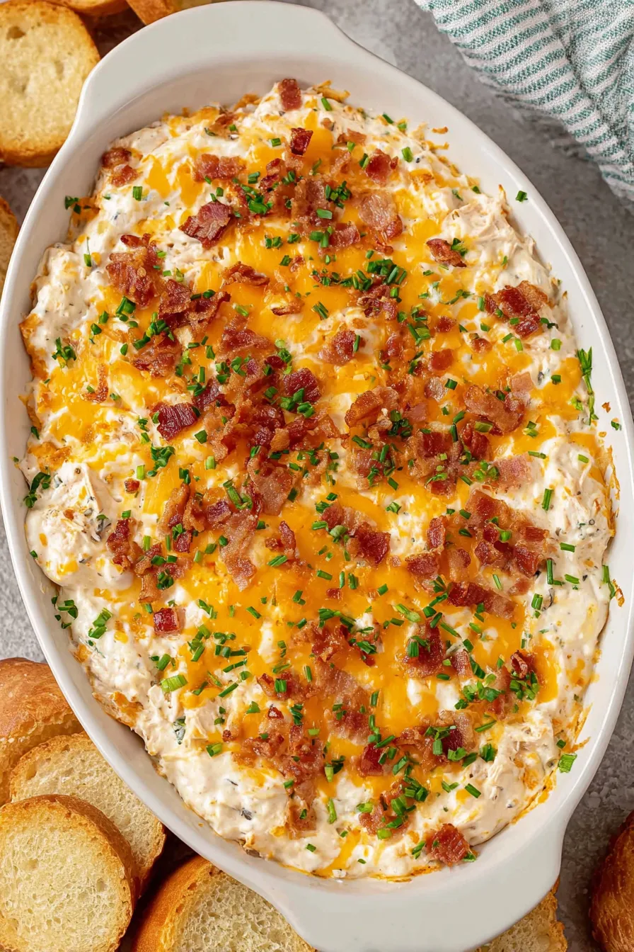 Close up of cheesy crack chicken dip being scooped