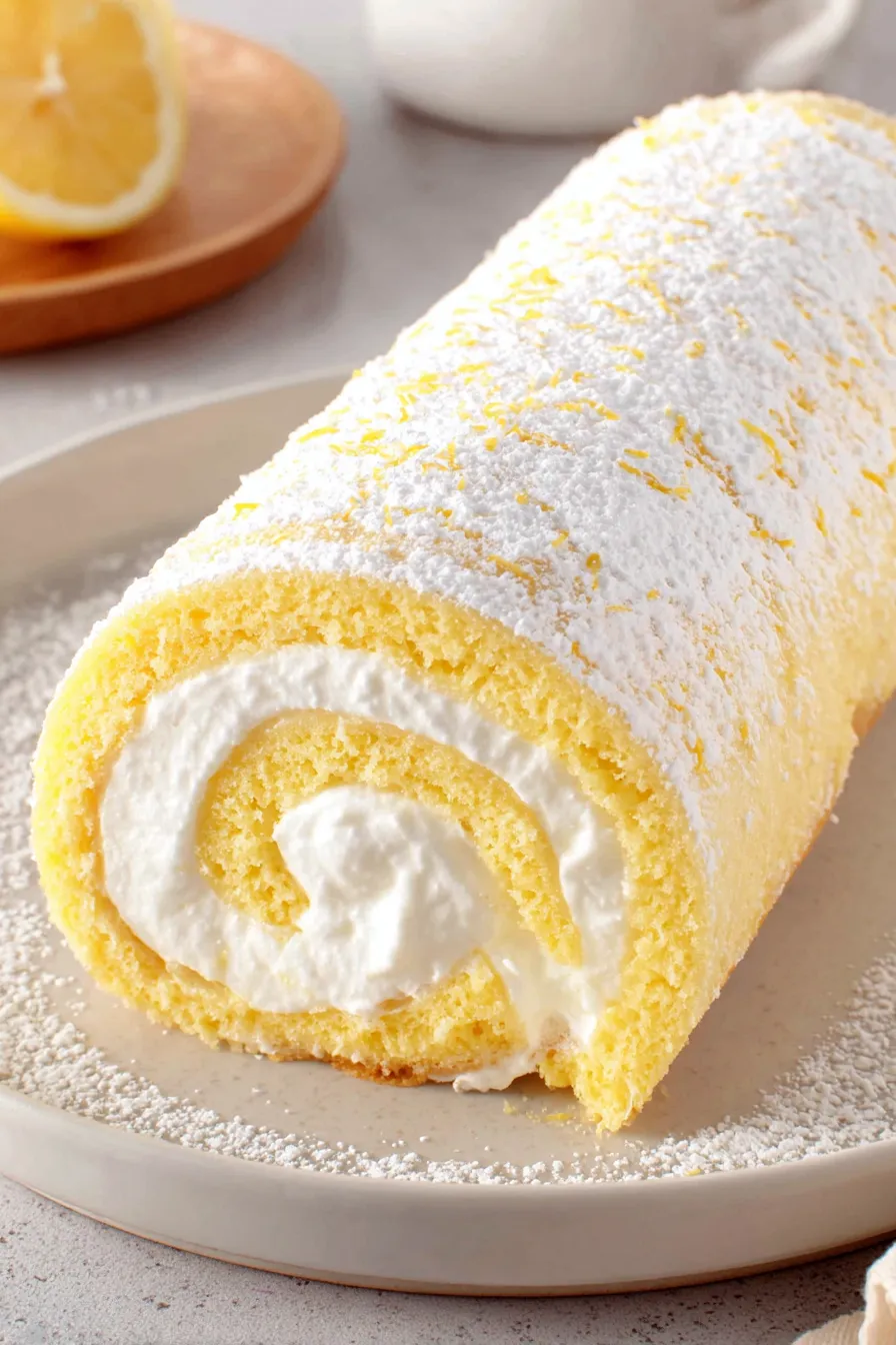 Sliced lemon Swiss roll on a serving plate