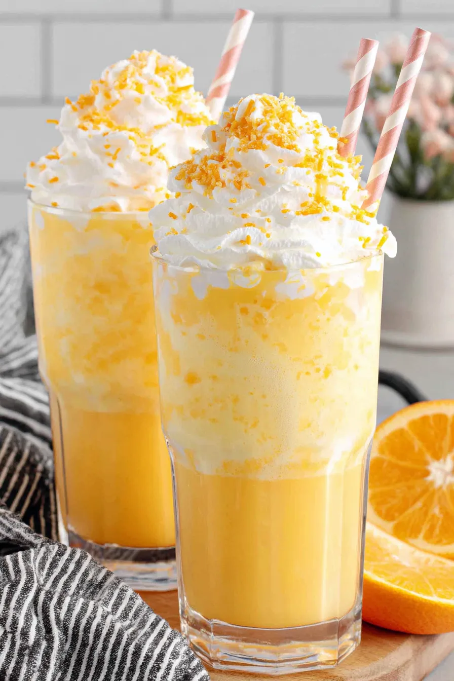 Close-up texture of frothy orange creamsicle drink with sugar sprinkles
