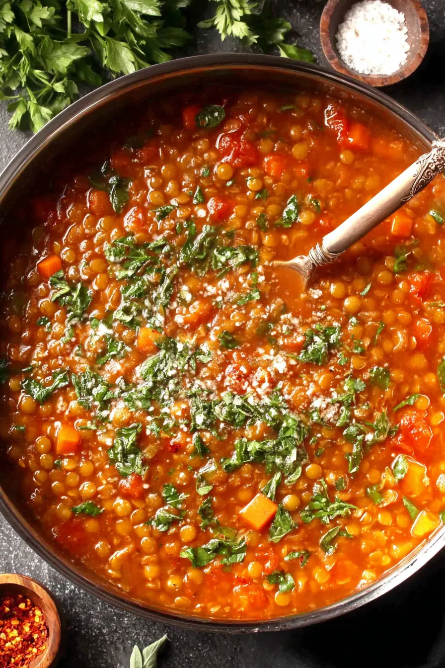A steaming bowl of Italian lentil soup with grated Parmesan