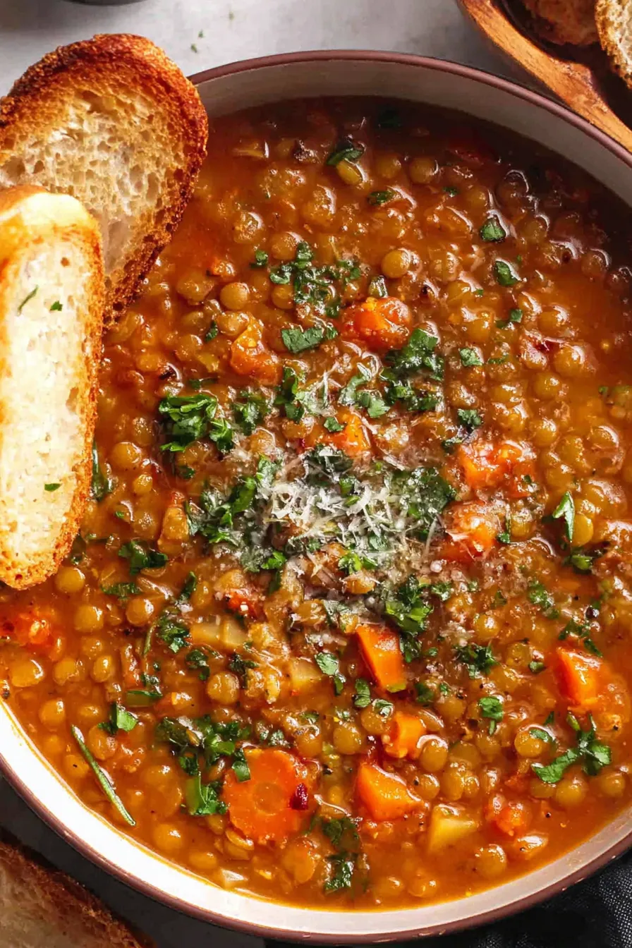 Close-up of spoonful of lentil soup with herbs