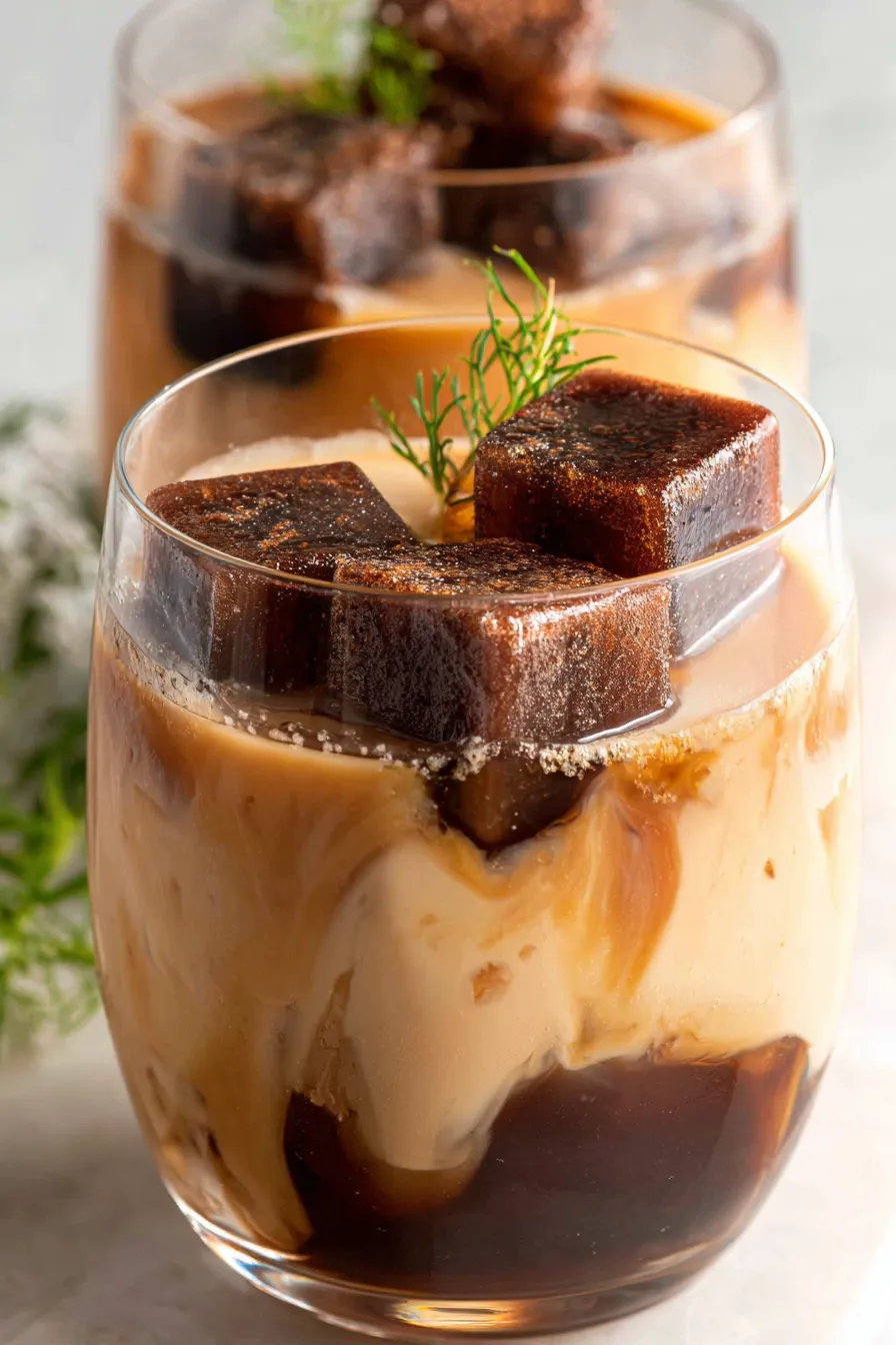 Two glasses with coffee ice cubes and creamy cocktail ready to serve
