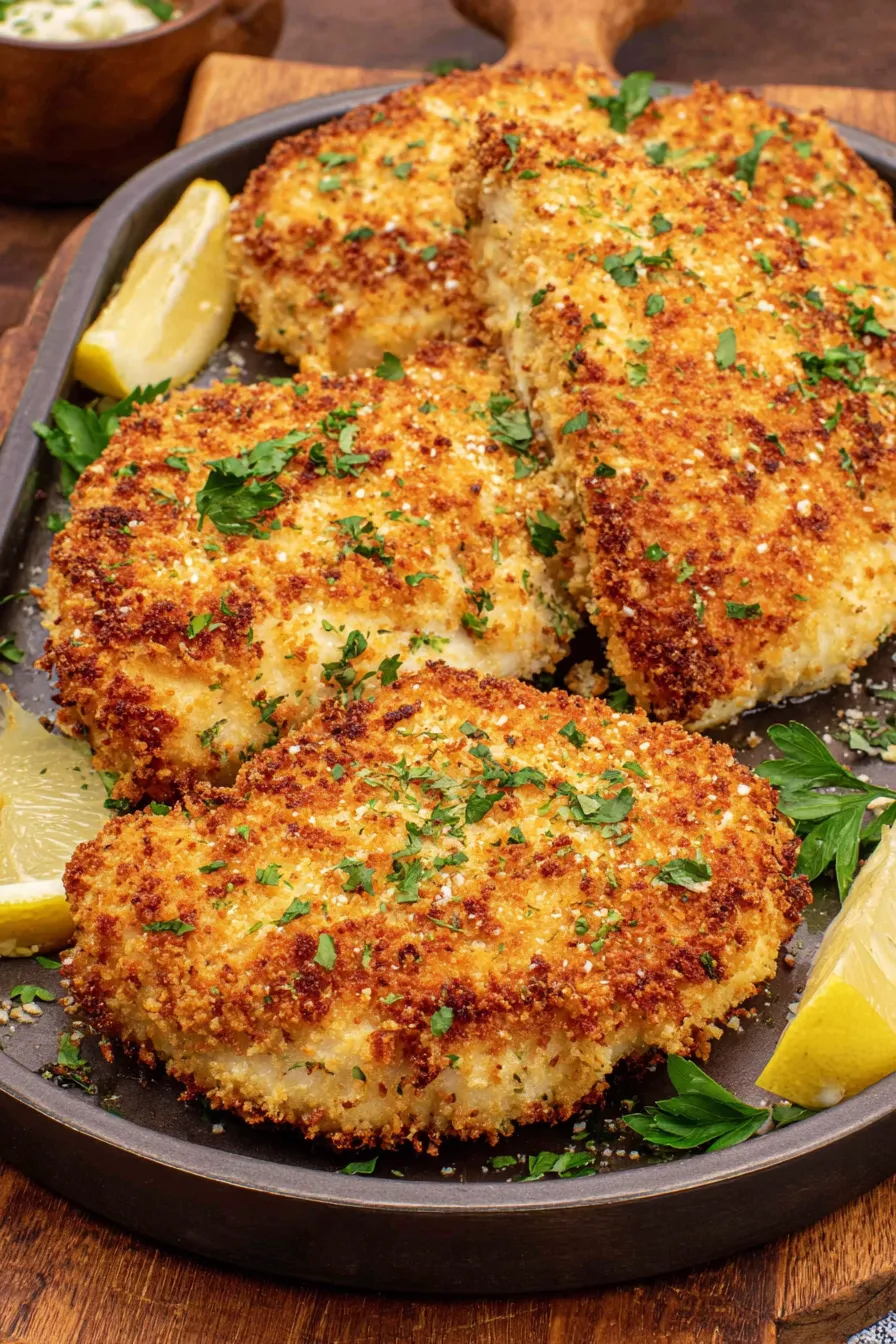 Close up of golden panko crust with lemon wedge