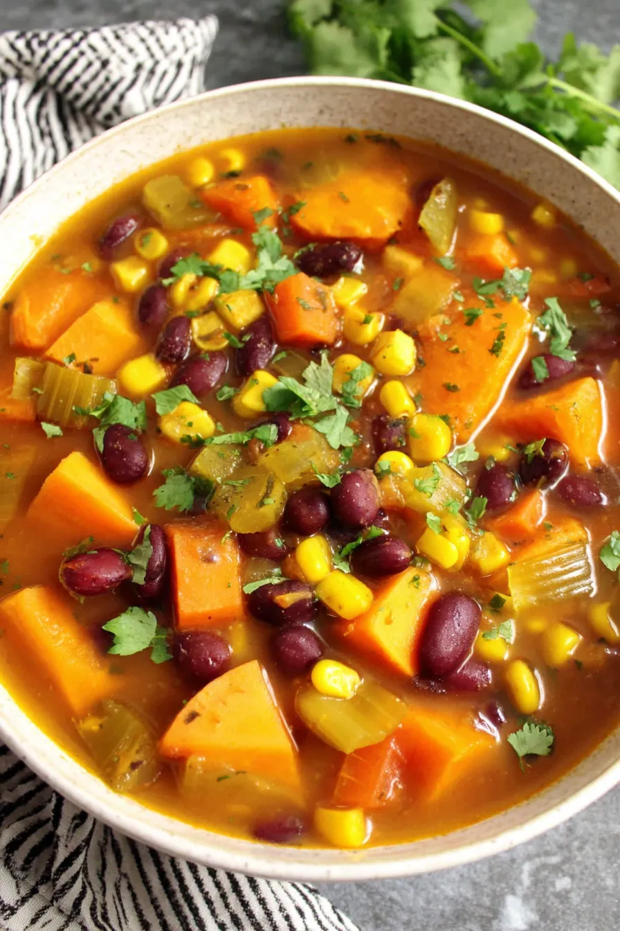 Sweet potato black bean soup in a bowl with cilantro