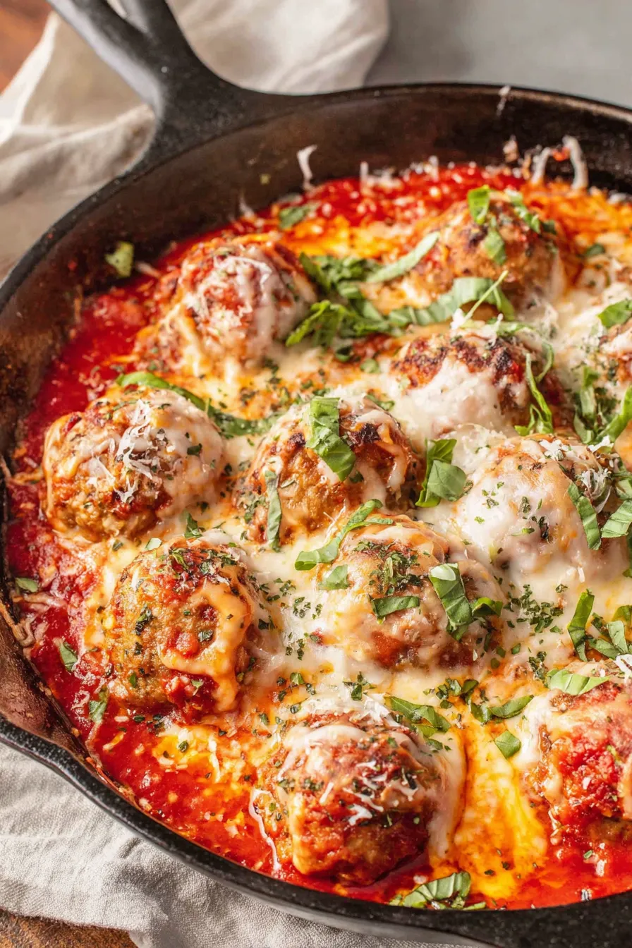 Meatball Parmesan in cast iron skillet