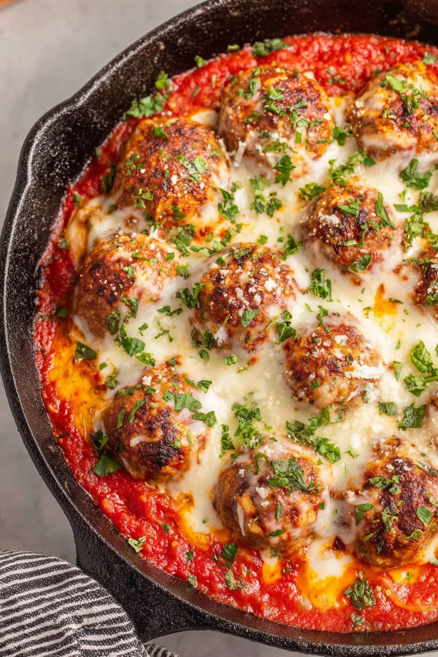 Close-up of meatballs with melted mozzarella