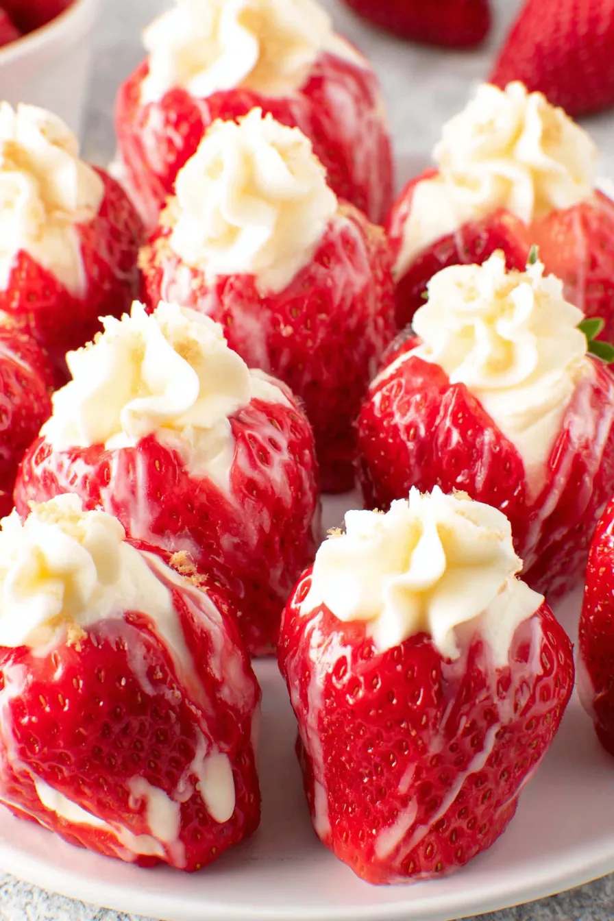A tray of cheesecake stuffed strawberries ready to serve