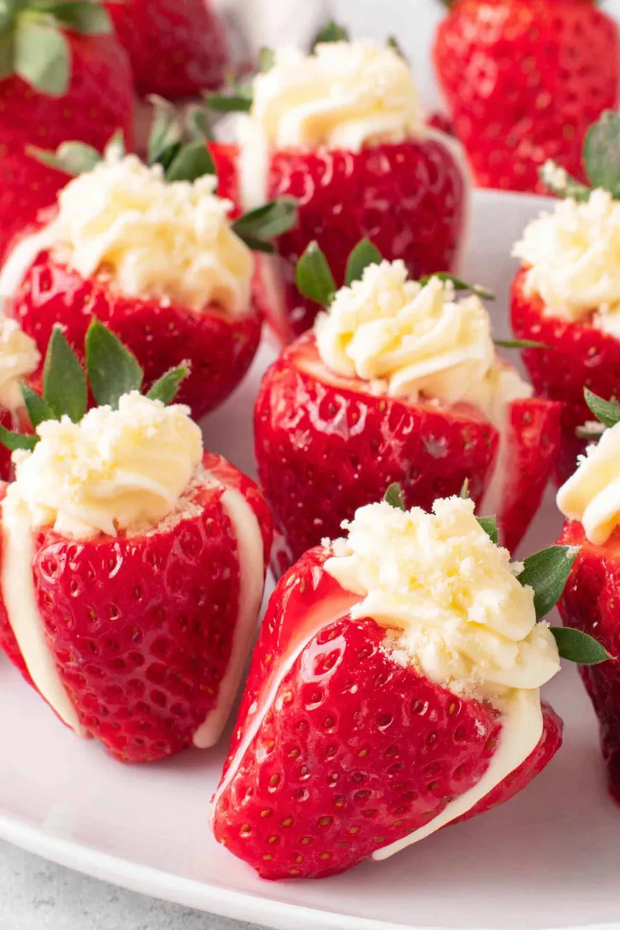 Two strawberries filled with cheesecake filling on a cutting board