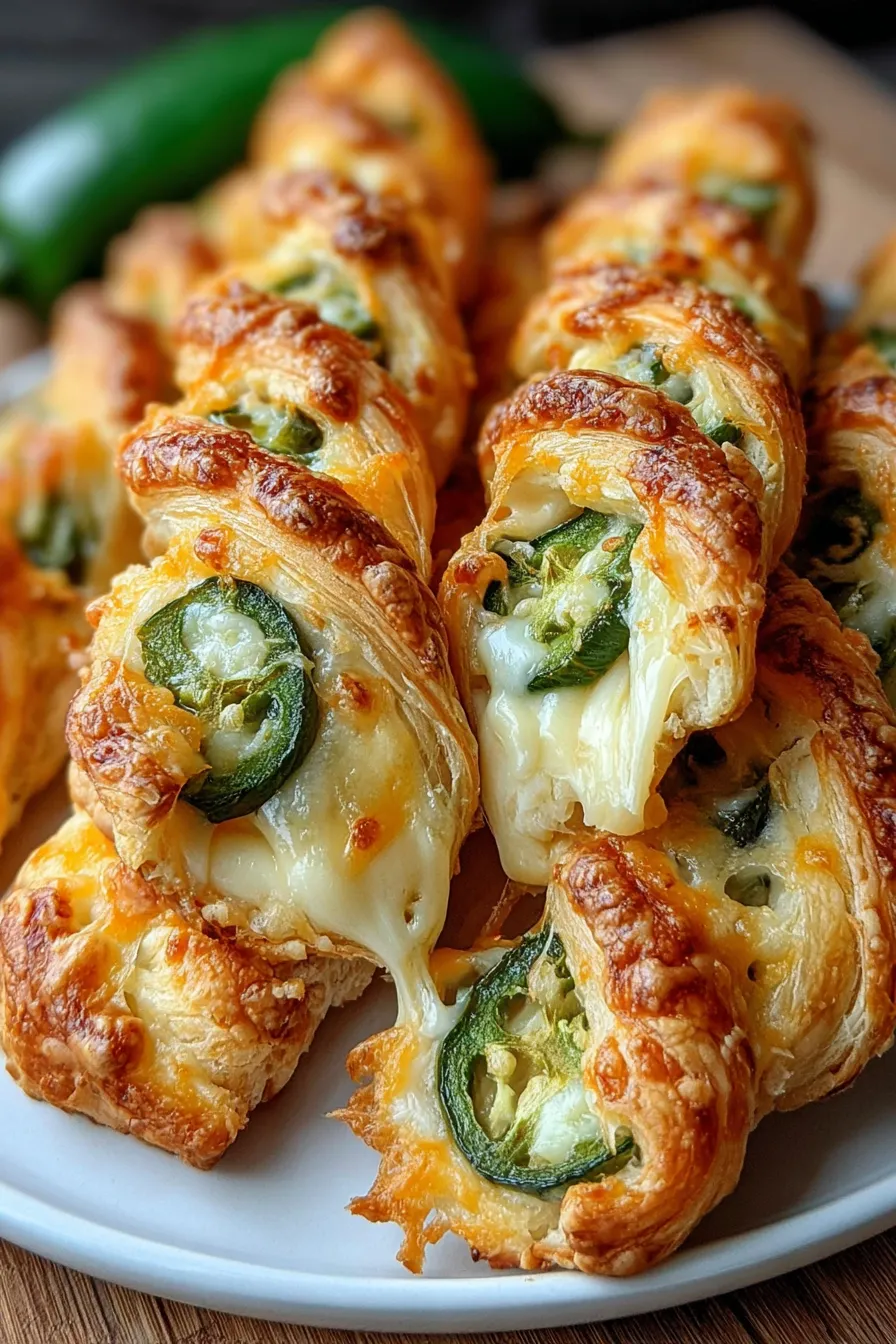 Close-up of a twisted puff pastry with cheese and jalapeno