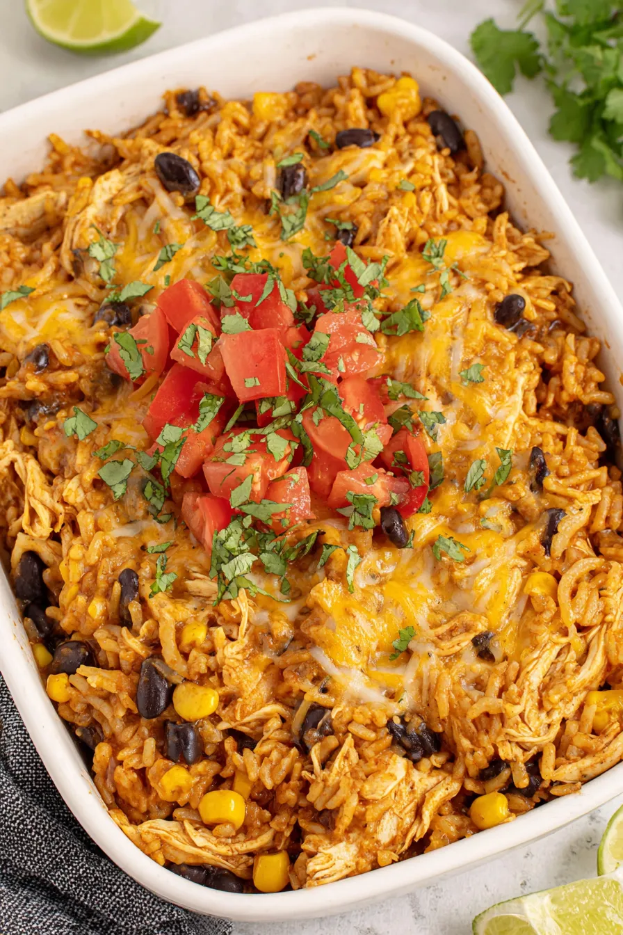 Chicken Enchilada Rice Casserole topped with melted cheese in a 9x13 dish