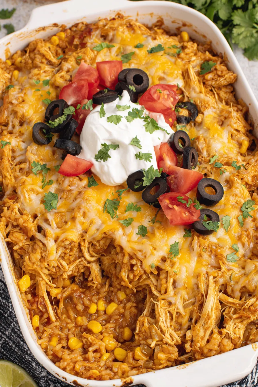 Serving suggestion of casserole with cilantro garnish and lime wedges