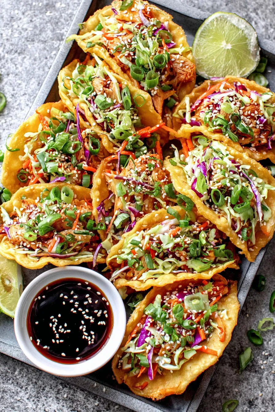 Baked wonton shells filled with hoisin chicken and slaw
