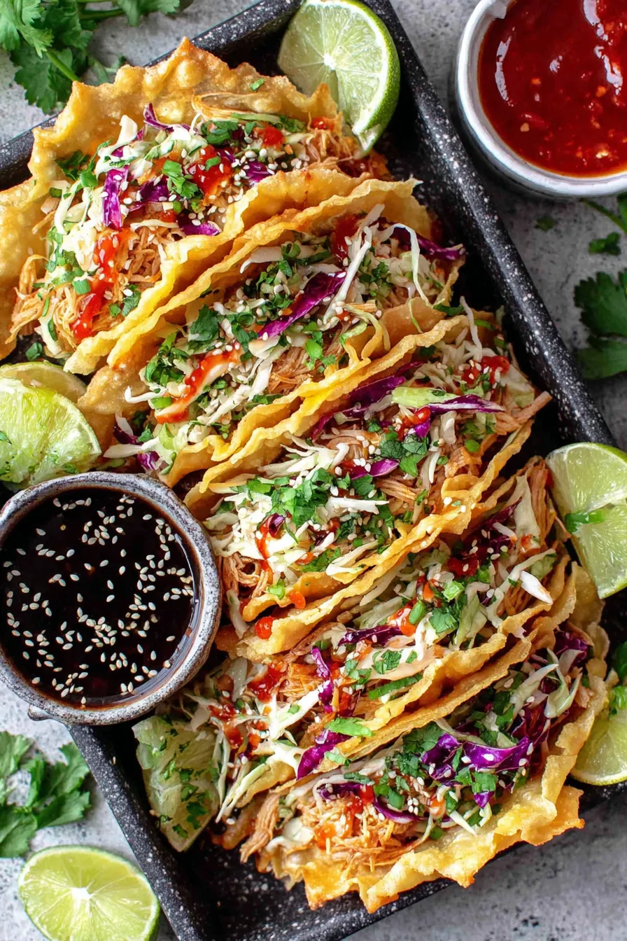 Close-up of chicken wonton taco with slaw and sesame