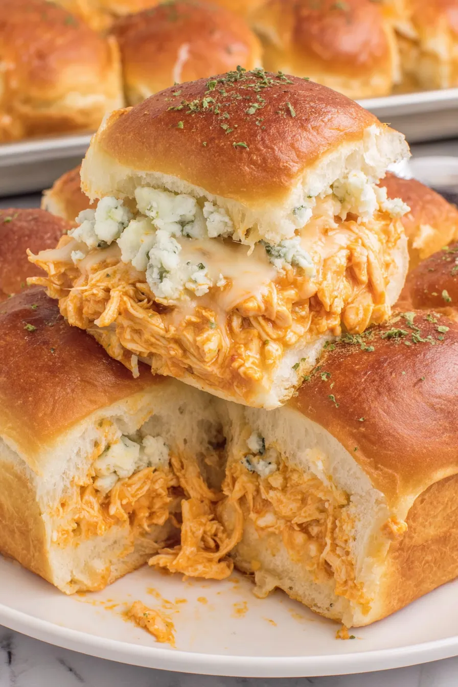 Buffalo chicken sliders on a baking sheet with melted cheese