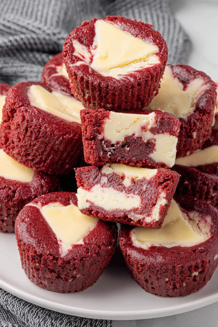 Mini red velvet cheesecake bites cooling on a wire rack