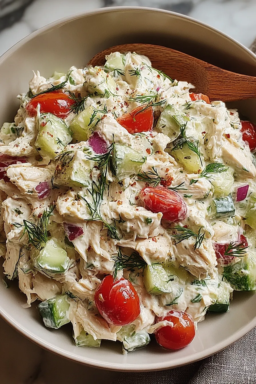 Shredded chicken tossed with tzatziki dressing in a bowl