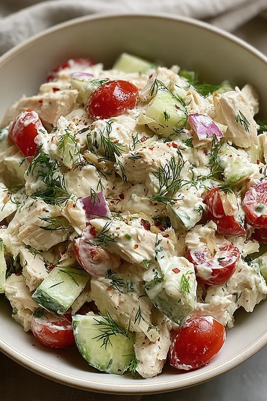Greek chicken tzatziki salad plated with fresh herbs