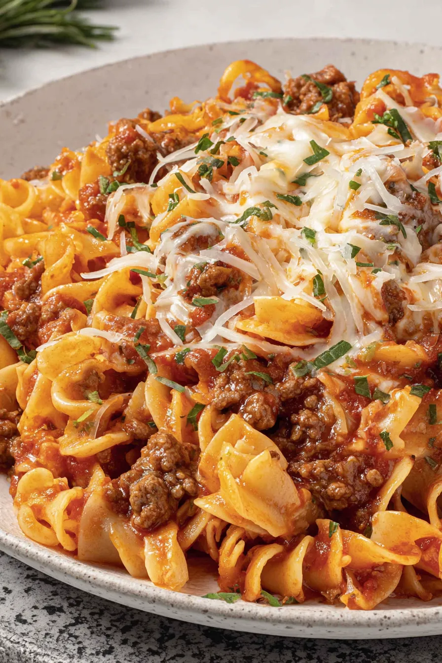 Close-up of a cheesy noodle bake slice on a plate