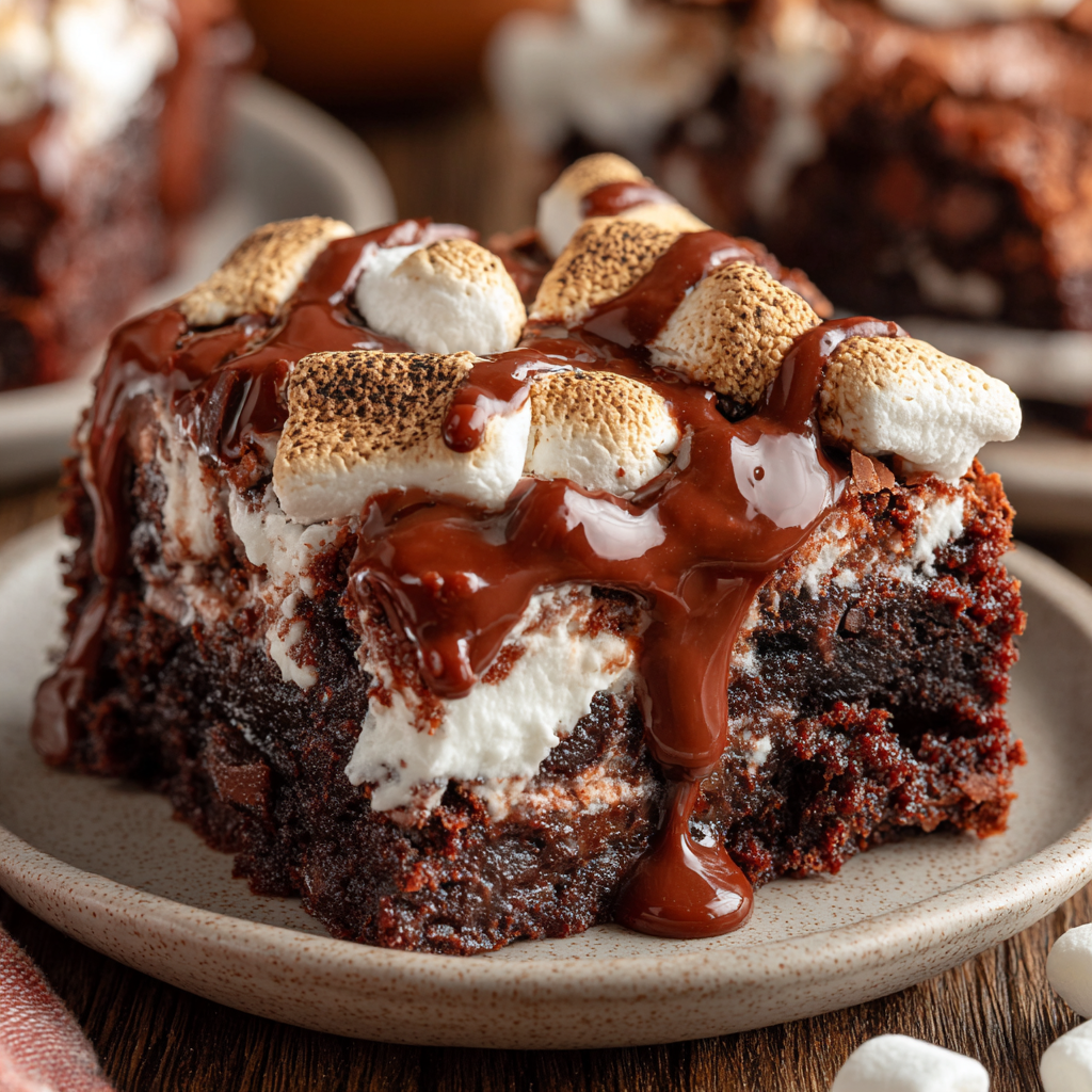 Brownie squares stacked to show fudgy interior and marshmallow layer