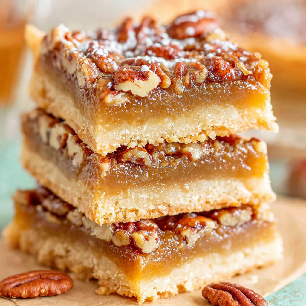 Slices of pecan pie bars stacked on a plate