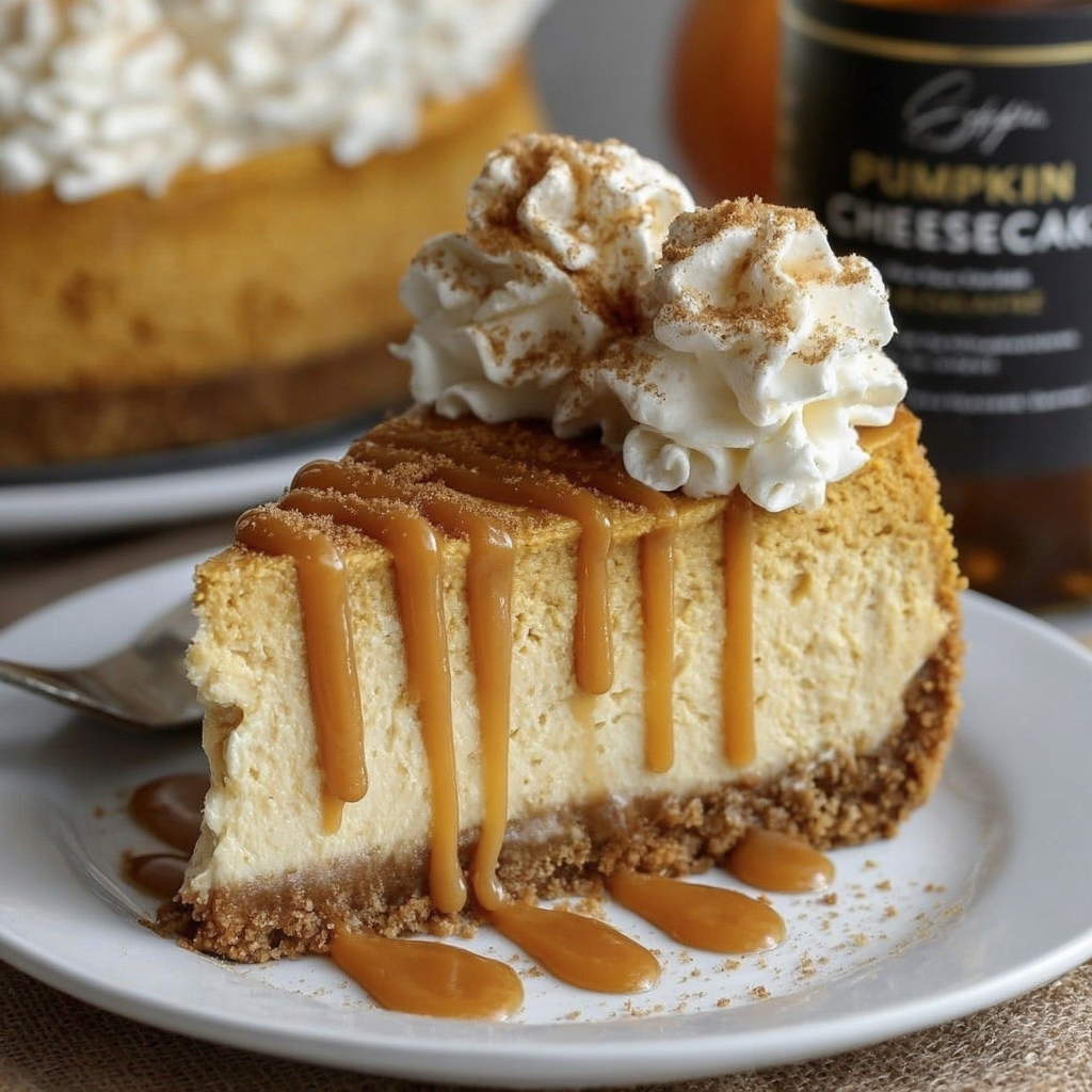 Sliced pumpkin cheesecake topped with caramel sauce and whipped cream