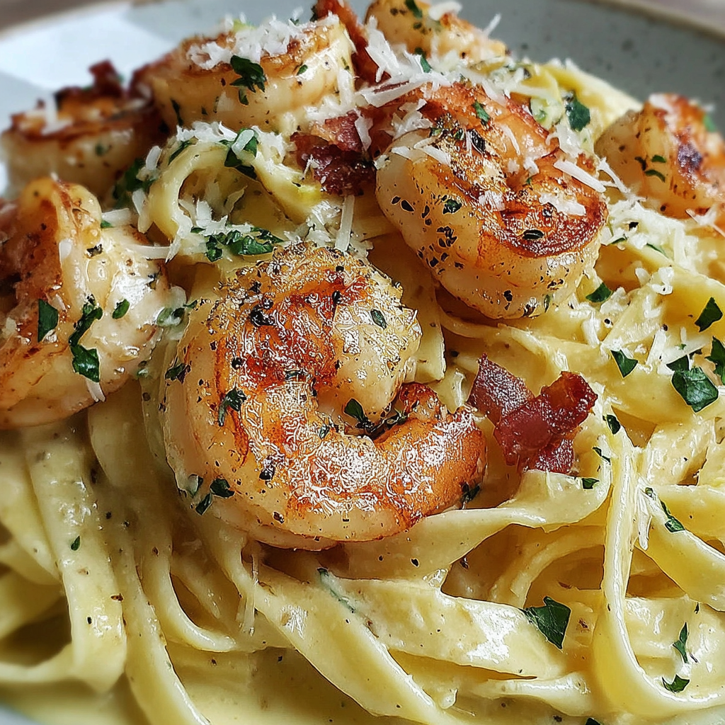Skillet of shrimp, cream sauce, and fettuccine before tossing