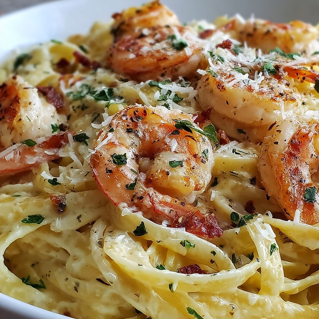 Creamy shrimp pasta served with parsley and Parmesan