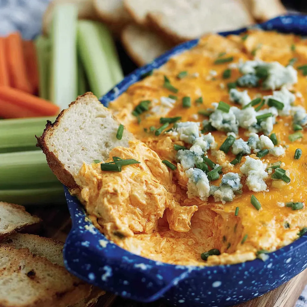 Buffalo chicken dip bubbling in a baking dish