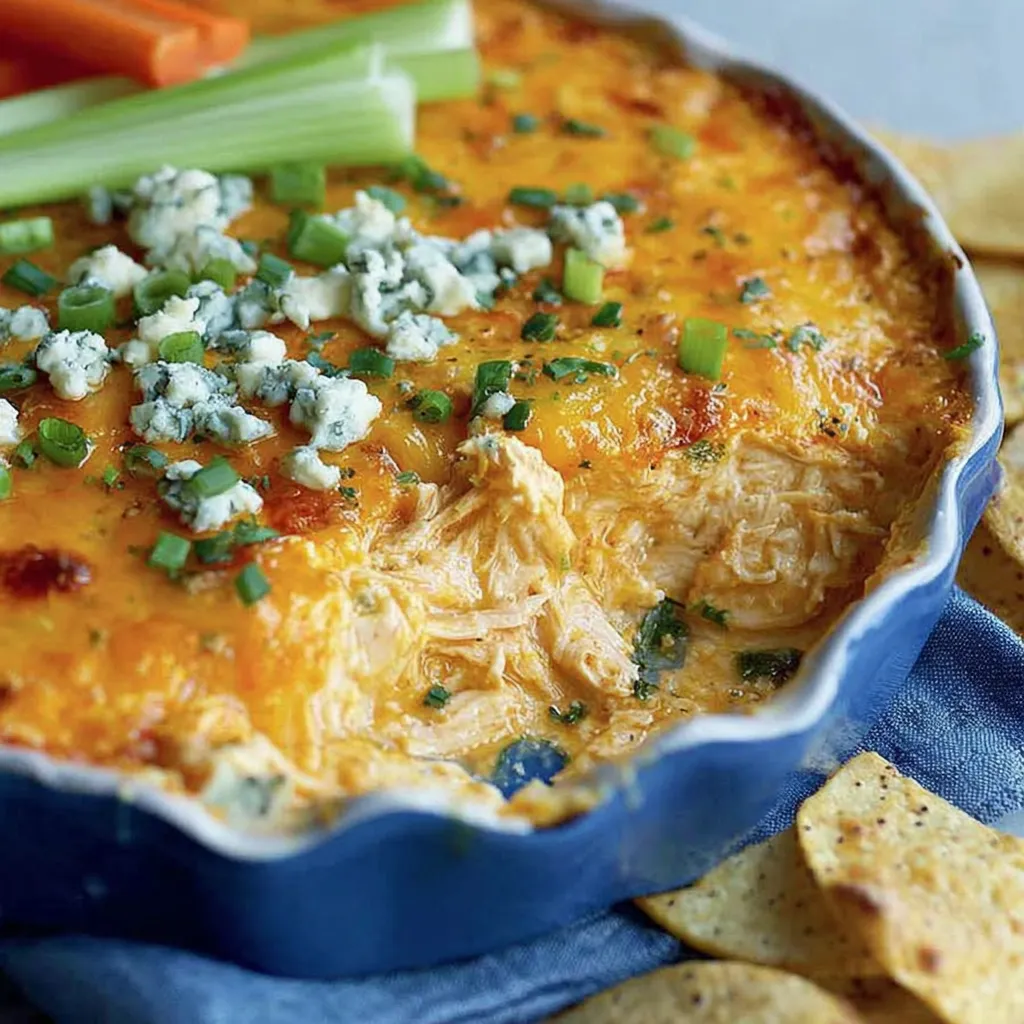 Close up of cheesy Buffalo chicken dip with chives