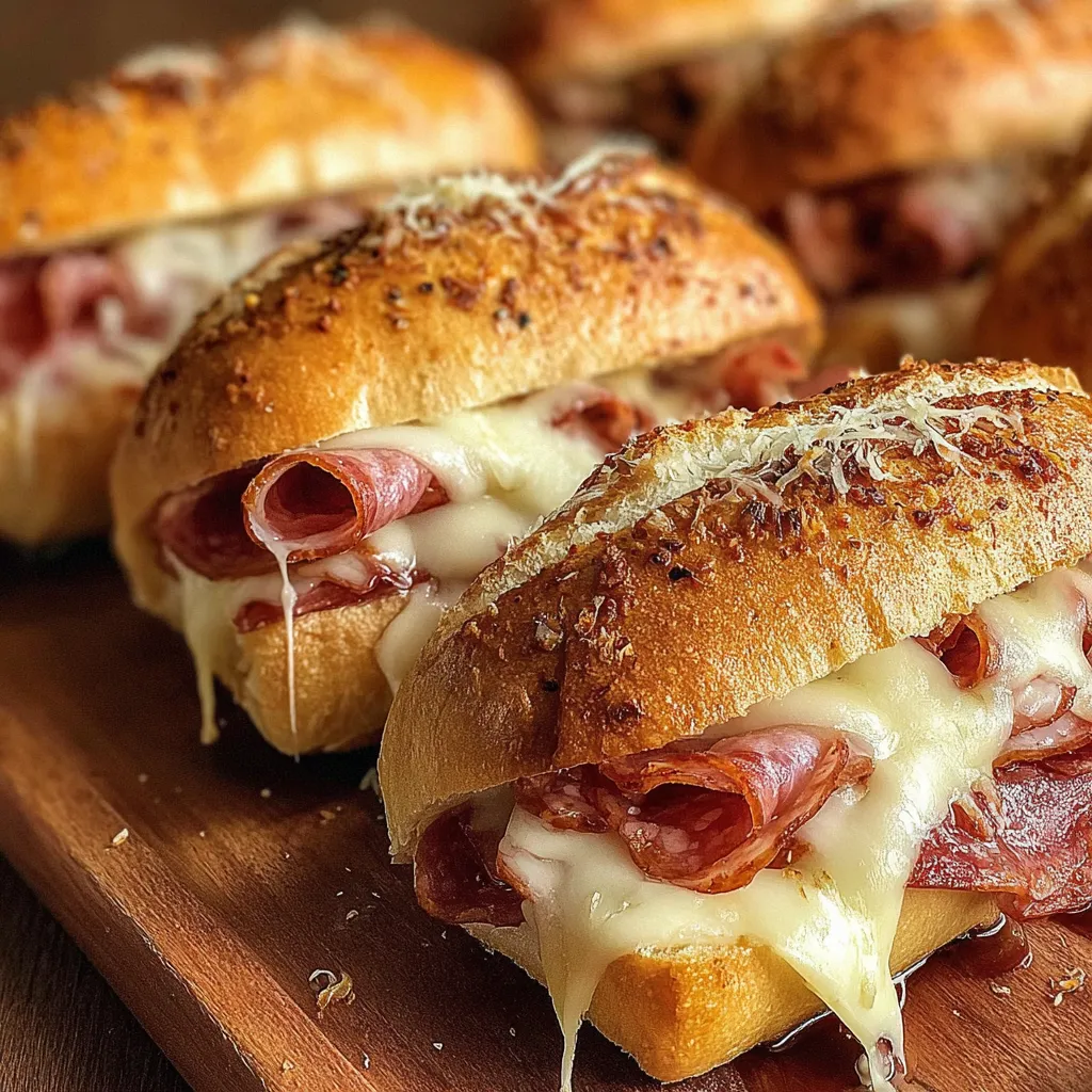 Assembled baked Italian subs on a baking sheet