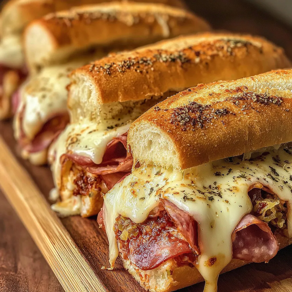 Close-up of melted cheeses on a baked Italian sub