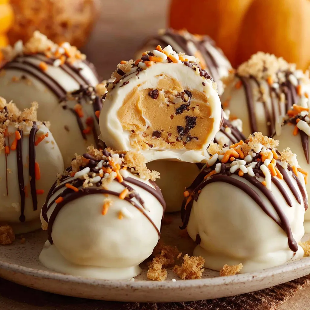 Close-up of a white chocolate-coated pumpkin truffle with sprinkles