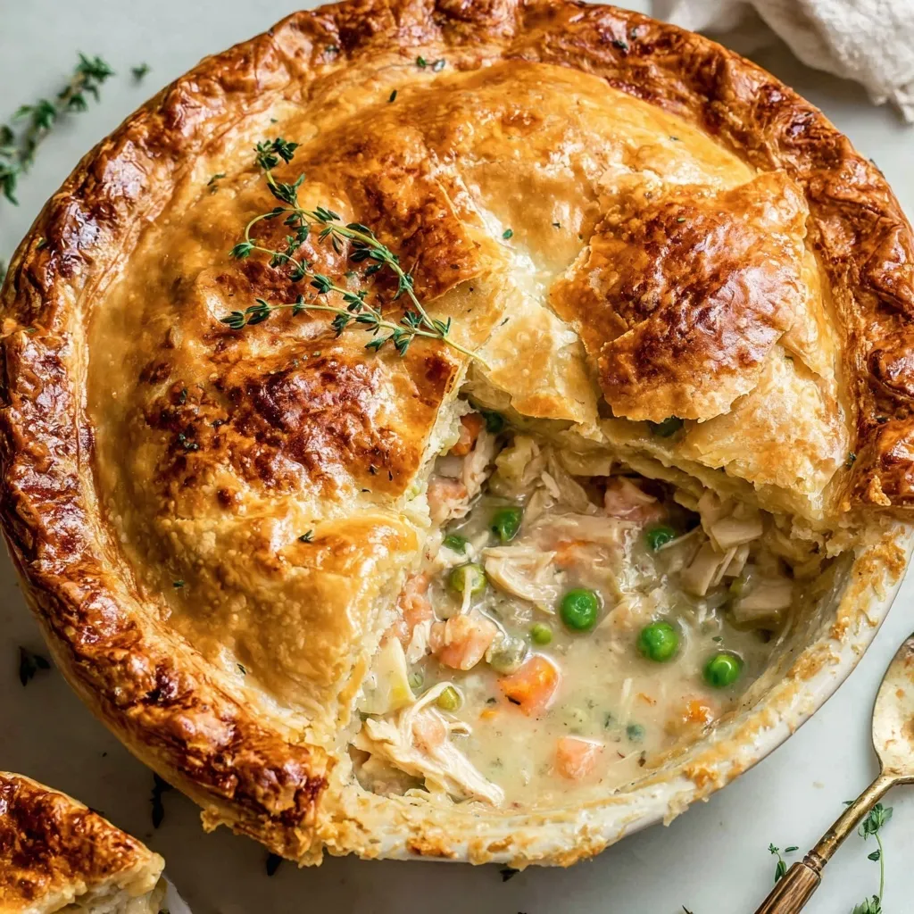 Top view of golden baked chicken pot pie in pie pan