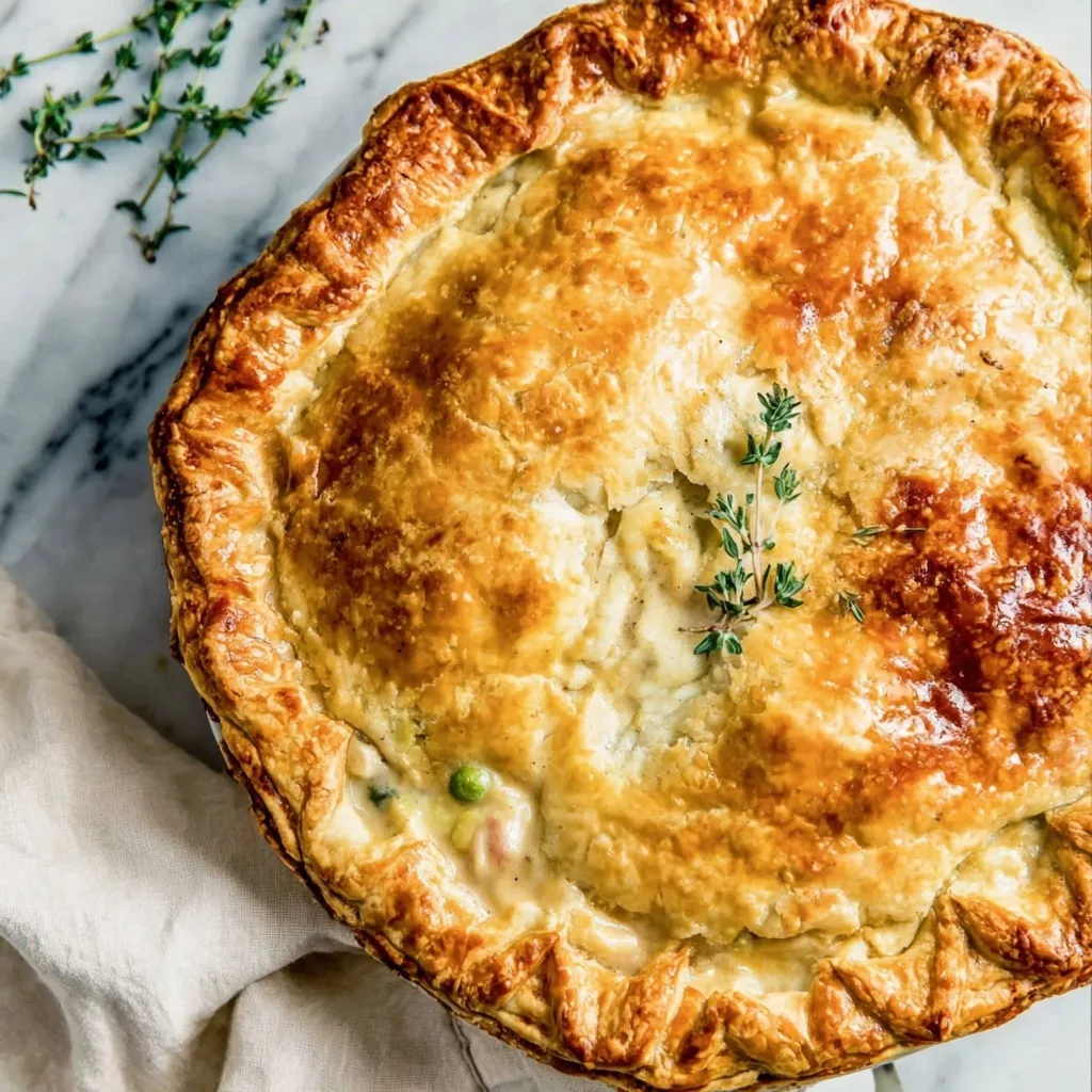 Slice of chicken pot pie plated with flaky crust